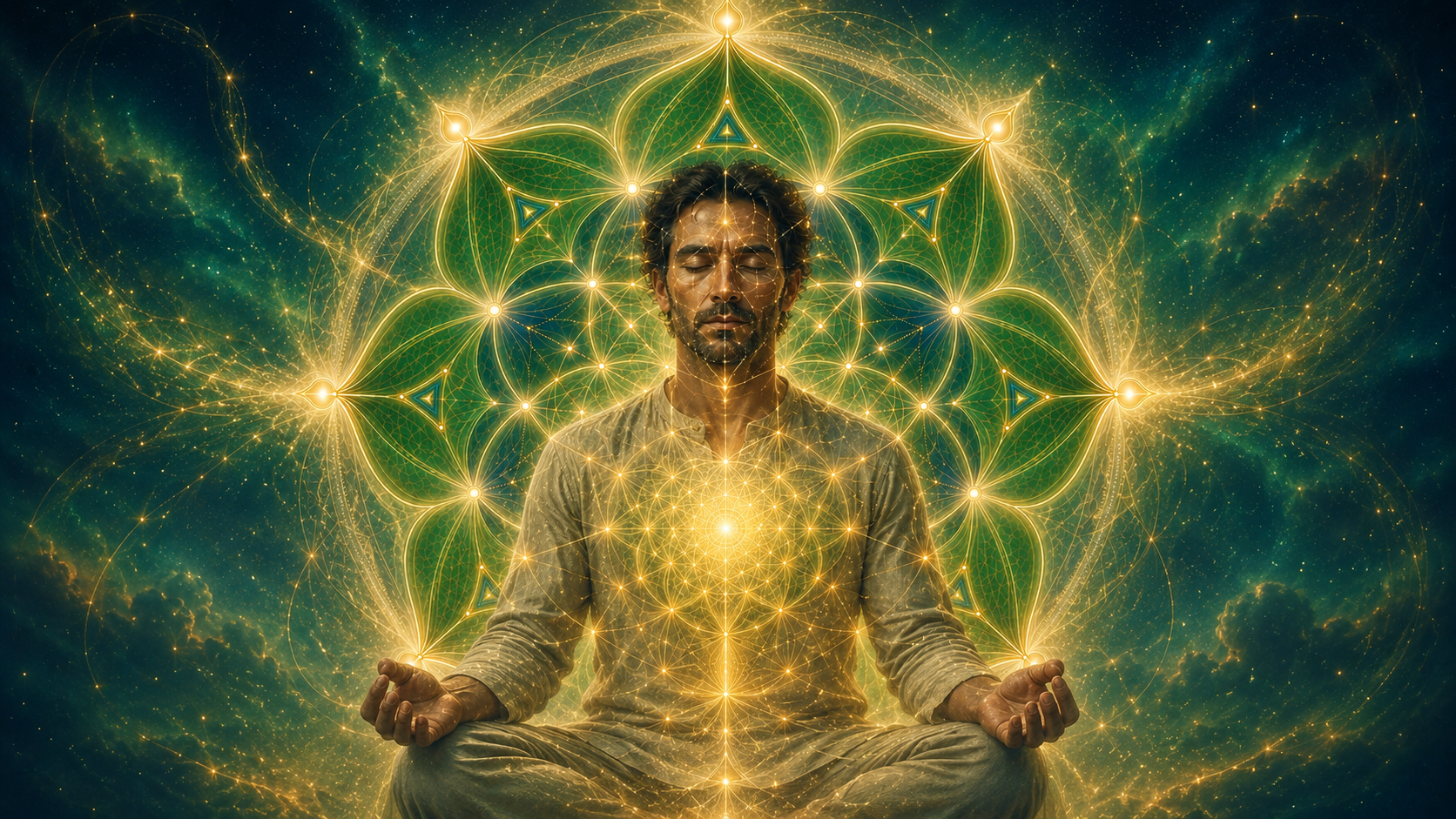 Persona meditando mientras geometrías y frecuencias de luz se integran en su experiencia